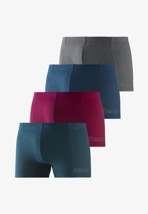 Vier Paare Herren-Boxershorts in Grau, Dunkelblau, Kastanienbraun und Tünotau, aus glattem Stoff mit geprägtem Markenlogo und kontrastierenden Nähten.