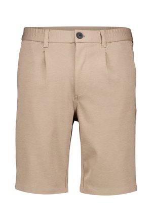 Beige knielange Shorts mit Gürtelschlaufen, vorderer Knopfverschluss und dezenten vorderen Falten.