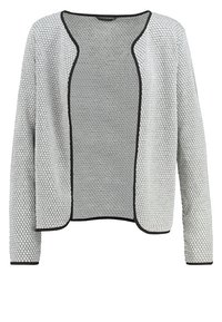 Leichter Cardigan in Grau mit einem strukturierten Wabenmuster, offenem Vorderteil, langen Ärmeln und schwarzem Saum entlang der Kanten.