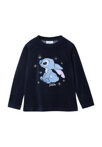 Navy long-sleeve T-shirt in soft fabric featuring a blue cartoon character with gray accents and white stars. "Stitch" text at the bottom.