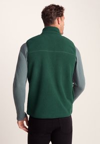 Man with short hair wearing a dark green fleece vest over a gray long-sleeve shirt, facing away against a plain light background.