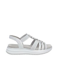Sandalo bianco con più cinturini in tessuto e una soletta morbida. Presenta una suola spessa e scanalata per una buona aderenza. Decorato con accessori circolari.