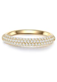 Zlat prstan z ukrivljenim dizajnom, na katerem je več majhnih diamantov, vstavljenih v valovit vzorec, ki ustvarja teksturirano površino.