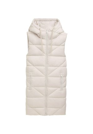 Beige Puffer-Weste mit Kapuze, mit einem Reißverschluss vorne, zwei seitlichen Taschen und einem gesteppten Rautenmuster auf dem gesamten Stoff.