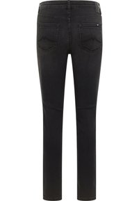 Czarne jeansy z denimu o wąskim kroju, z pięcioma kieszeniami i subtelnymi detalami szwów. Posiadają metkę na talii i standardową długość nogawek.