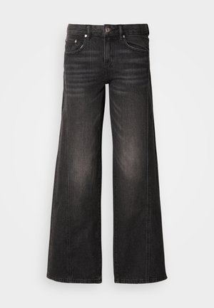 Schwarze Jeans mit weitem Bein, ausgewaschenen Details, Fünf-Taschen-Design sowie Knopf- und Reißverschluss.