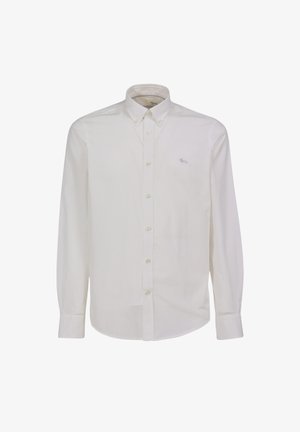 Bela dolgimi rokavi srajca z gumbi, izdelana iz bombaža. Ima klasičen ovratnik, sprednje gumbe in majhen svetlo moder logo na prsih.