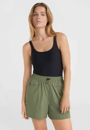 Black sleeveless bodysuit paired with olive green shorts featuring an elastic waistband, two front pockets, and a drawstring detail.