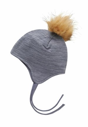 Gray knit winter hat with ear flaps, ties under the chin, and a large fluffy tan pom-pom on top, isolated on white background.