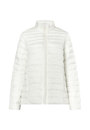 Bijela podstavljena jakna s visokim ovratnikom, prednjim patentnim zatvaračem i kviltanim uzorkom. Glatka tekstura, duge rukave i uska silueta.