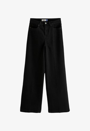 Black wide-leg jeans made of denim, featuring a high waist, five pockets, and front button closure. Smooth texture with straight hems.