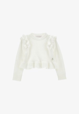 Maglione bianco lavorato a maglia con dettagli a volant sulle spalle, orlo e polsini a costine. Taglio corto con texture morbida. Logo sul davanti.