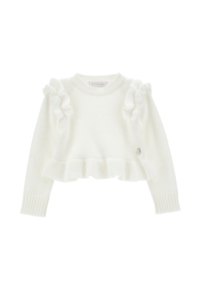 Maglione bianco lavorato a maglia con dettagli a volant sulle spalle, orlo e polsini a costine. Taglio corto con texture morbida. Logo sul davanti.