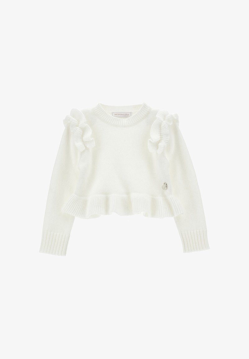 Maglione bianco lavorato a maglia con dettagli a volant sulle spalle, orlo e polsini a costine. Taglio corto con texture morbida. Logo sul davanti.