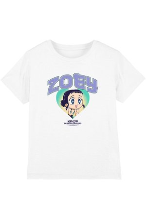 White t-shirt with a cartoon girl inside a green and yellow heart, the name "ZOEY" above and "K-POP DEMON HUNTERS" text below.