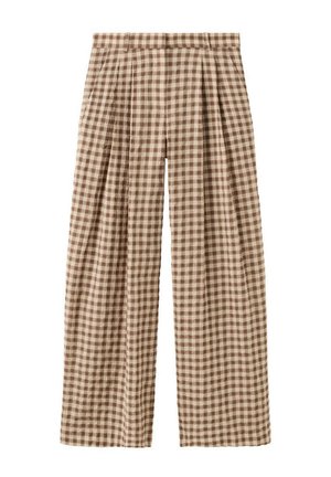 Pantalones de pierna ancha con estampado de cuadros vichy en marrón y beige, cintura alta y pliegues delanteros.