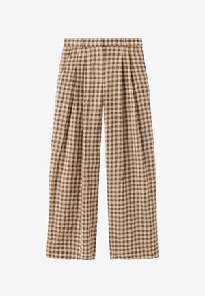 Pantalones de pierna ancha con estampado de cuadros vichy en marrón y beige, cintura alta y pliegues delanteros.
