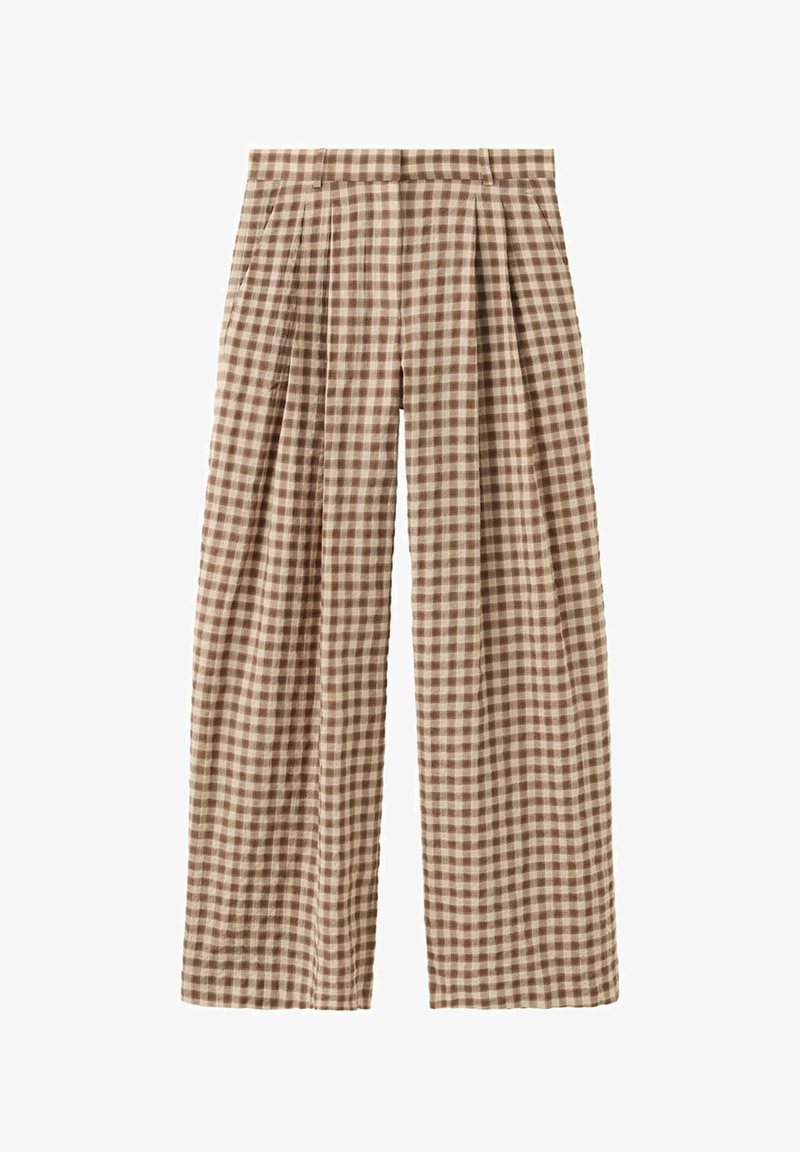 Pantalon à jambes larges avec motif vichy marron et beige, taille haute et plis devant.