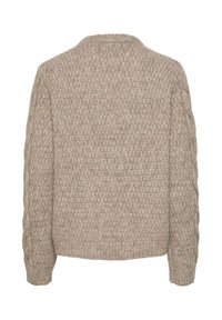 Beiger gestrickter Pullover mit strukturiertem Muster, rundem Ausschnitt und langen Ärmeln mit gerippten Bündchen. Ohne Verschluss, weicher Stoff.