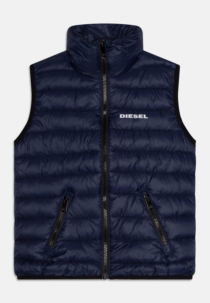 Marinblå pufferväst med hög krage, zippered framsida och sidofickor. Tillverkad av glänsande, kviltat material. Har "DIESEL"-logotypen i vitt.