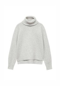 Pull col roulé gris clair en matière tricotée douce. Doté d'un col, de poignets et d'un ourlet côtelés, avec une coupe décontractée et des épaules tombantes.
