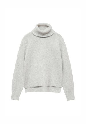Pull col roulé gris clair en matière tricotée douce. Doté d'un col, de poignets et d'un ourlet côtelés, avec une coupe décontractée et des épaules tombantes.