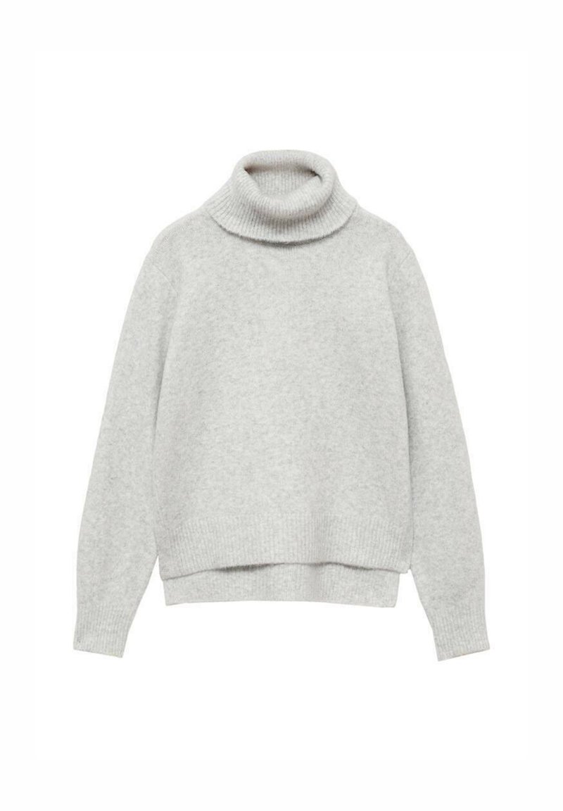 Pull col roulé gris clair en matière tricotée douce. Doté d'un col, de poignets et d'un ourlet côtelés, avec une coupe décontractée et des épaules tombantes.