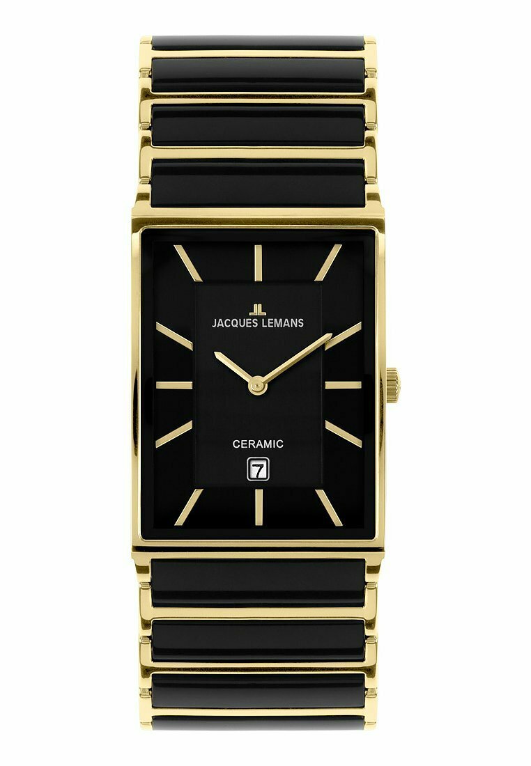 Orologio in ceramica nera con cassa rettangolare in tono dorato, quadrante nero, indici delle ore dorati e display della data in una finestra rettangolare.