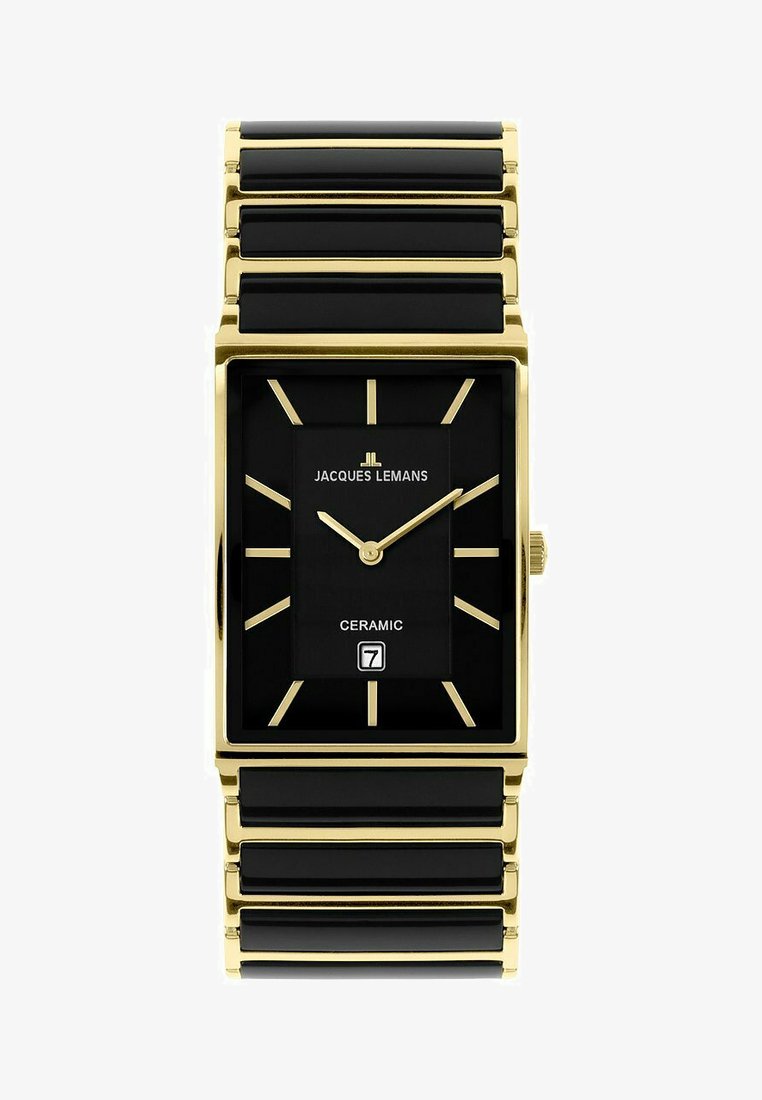 Orologio in ceramica nera con cassa rettangolare in tono dorato, quadrante nero, indici delle ore dorati e display della data in una finestra rettangolare.