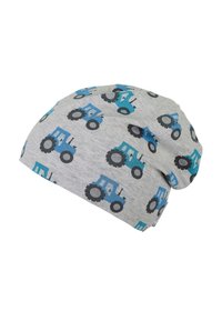 Gray beanie made of soft fabric, featuring a repeated tractor pattern in blue and black. The design is slouchy and casual in shape.