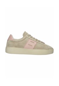 Beige suede sneaker with pink leather accent, lace-up design, rounded toe, and a thick cream rubber sole. Features logo near heel.