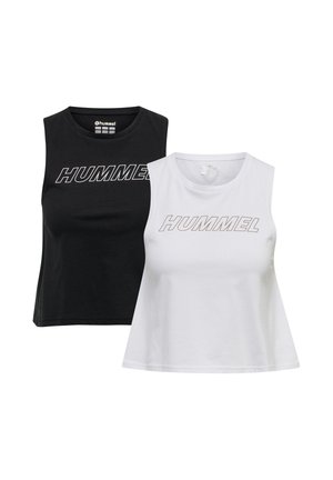 To ærmeløse crop tops, en sort og en hvid, hver med "HUMMEL" trykt over brystet med fede bogstaver.