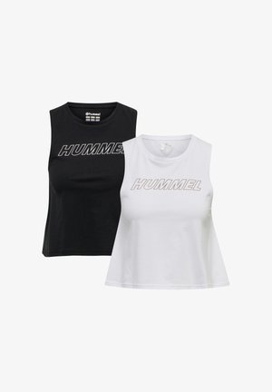 To ærmeløse crop tops, en sort og en hvid, hver med "HUMMEL" trykt over brystet med fede bogstaver.