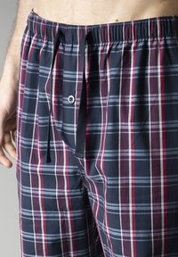 Pantalones cortos de algodón a cuadros en navy, rojo y gris. Presentan una cinturilla elástica, cordón ajustable y una bragueta con botón. Diseño ligero y casual.
