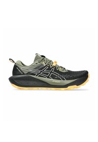 Leichte Trailrunning-Schuhe mit einem Obermaterial in Schwarz und Olivgrün, strukturiertem Mesh-Design, grauen Akzenten und einer gelben Laufsohle für Traktion.