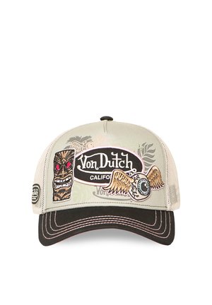 Gorra de béisbol Von Dutch beige y negra con cara tiki bordada, globo ocular alado y logotipo "Von Dutch California" en el panel frontal.