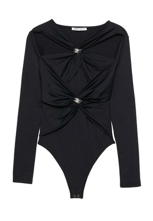 Črn dolg rokav bodi z nabranim materialom spredaj, ki vključuje srebrne obroče in tesno prileganje. Material se zdi gladek in elastičen.