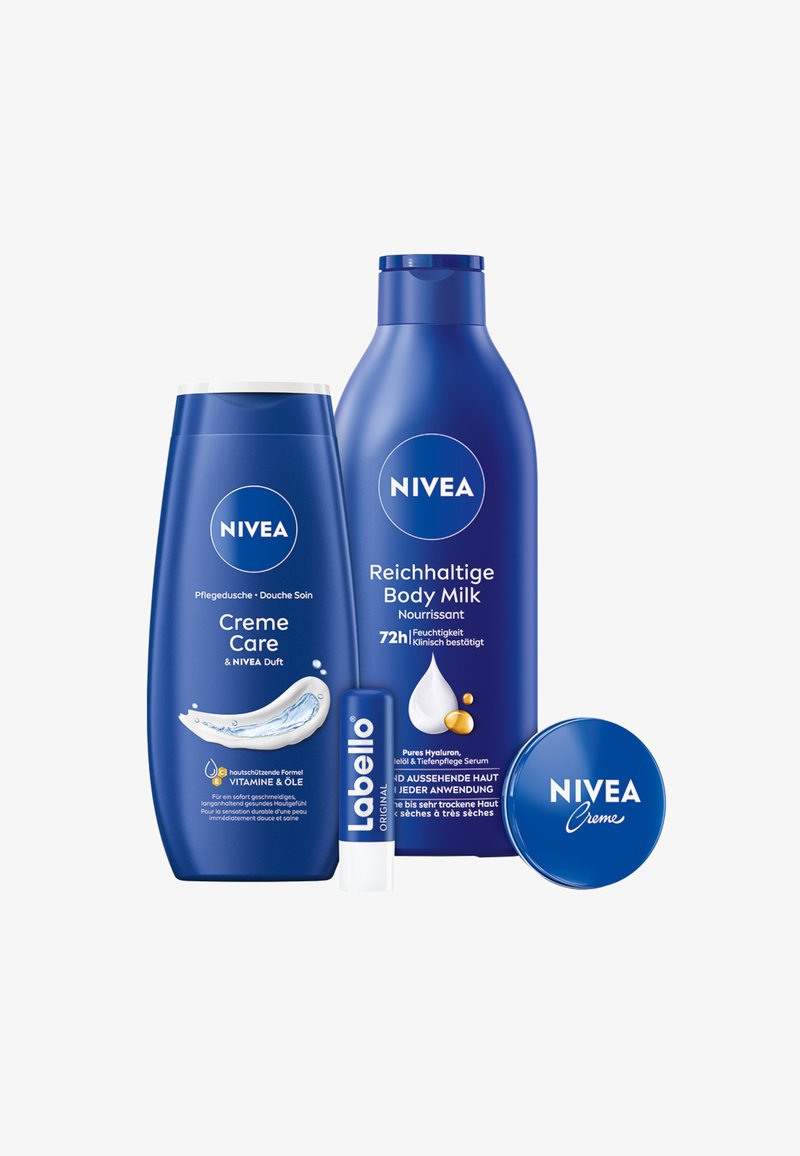 NIVEA WOHLFÜHL MOMENTE GESCHENKSET CREME + BODY MILK + PFLEGEDUSCHE + LABELLO - Shower gel