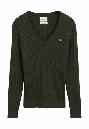 Olivgrüner Strickpullover mit V-Ausschnitt, langen Ärmeln, gerippten Bündchen und Saum. Mit kleinem Logo auf der Brust.