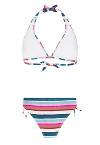 Bílý halter bikiny top s barevným pruhovaným lemováním, s vázáním na zádech. Přiřazené spodní díly s horizontálními pruhy v růžové, modré a hnědé barvě.