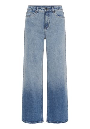 High-waisted blue denim jeans with wide legs and a gradient fade from light to dark blue at the bottom.