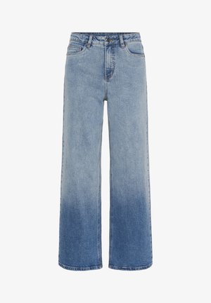High-waisted blue denim jeans with wide legs and a gradient fade from light to dark blue at the bottom.