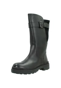 Botas de piel negras hasta la rodilla con un cierre lateral, acabado suave, suela de goma gruesa y panel de textil para mayor comodidad y flexibilidad.