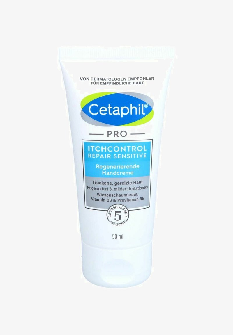 Cetaphil Pro Itch Control Repair Sensitive Handcreme in einer 50 ml weißen Tube, mit blauem und grünem Branding, hat eine glatte Kunststoffoberfläche.