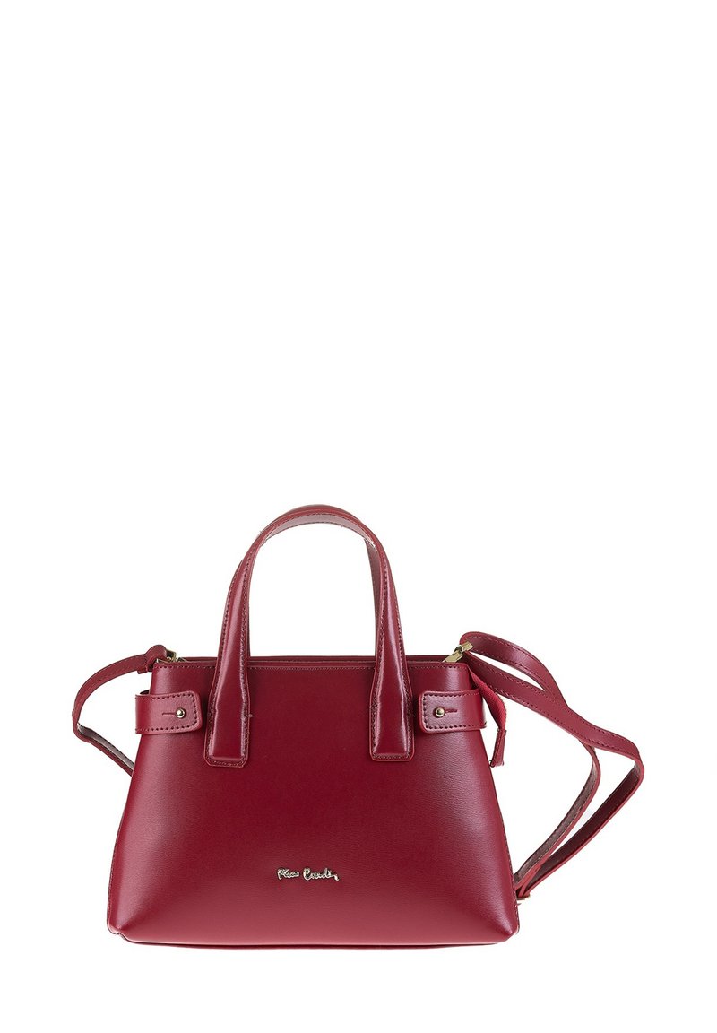 Borsa a tracolla rossa in pelle con doppi manici e tracolla staccabile. Presenta una texture liscia, una forma strutturata e un logo argentato sulla parte anteriore.