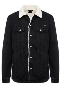 Svart denimjacka med en krämfärgad fuskpälskrage, framknäppning med knappar och två bröstfickor. Har sidfickor och panelstickning.