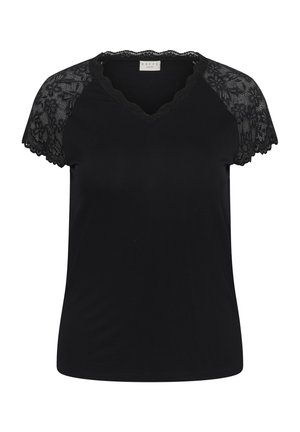 Black short-sleeve top with lace floral sleeves and scalloped lace neckline, made from smooth fabric.