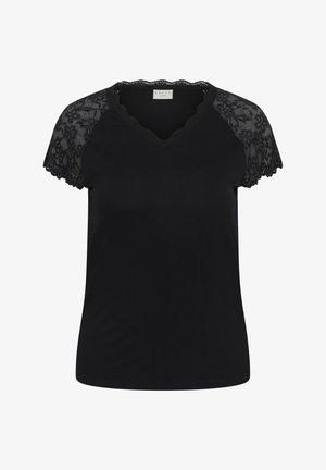 Schwarzes Kurzarm-Top mit Spitzenärmeln in Blumenmuster und geschwungenem Spitzenhalsausschnitt, hergestellt aus glattem Stoff.