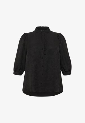 Fekete blúz puffos ujjal, texturált anyagból, fodros elülső gombolással és fekete gombokkal. Lekerekített alj és magas nyakkivágás jellemzi.