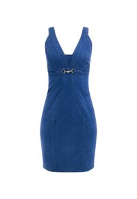 Denim dress with a deep V-neck, fitted shape, and angled seams. Features silver hardware detail at the waist. Rich blue color and smooth texture.